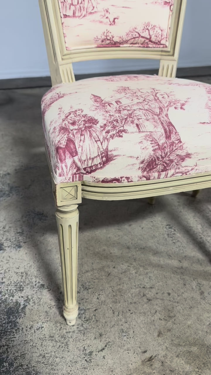 Antique French Louis XVI Style Painted Accent Side Chairs in Rose Toile - A Pair
