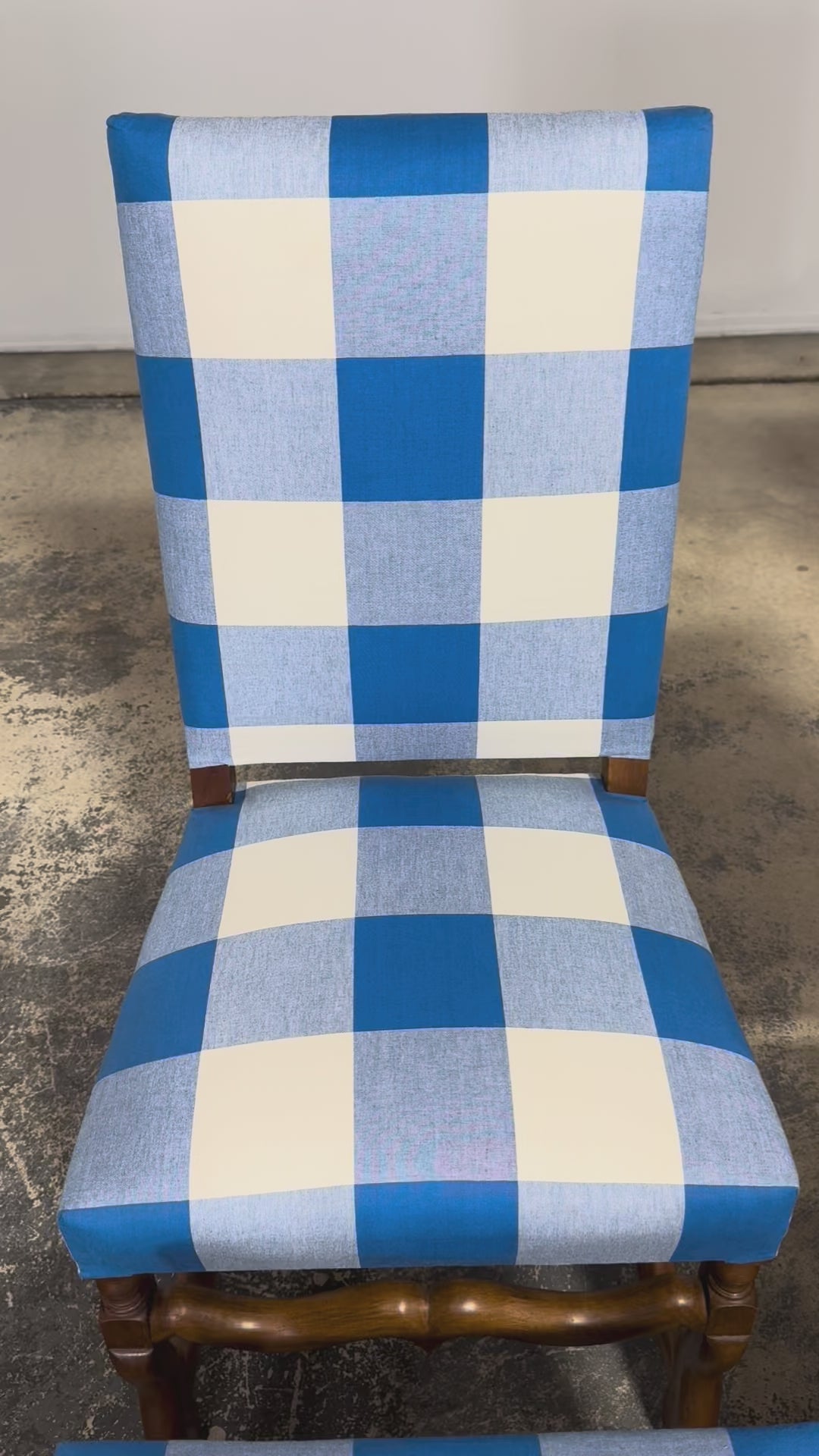 French Louis XIII Style Os De Mouton Walnut Dining Chairs W/ Tabourets in Blue Plaid - Set of 8