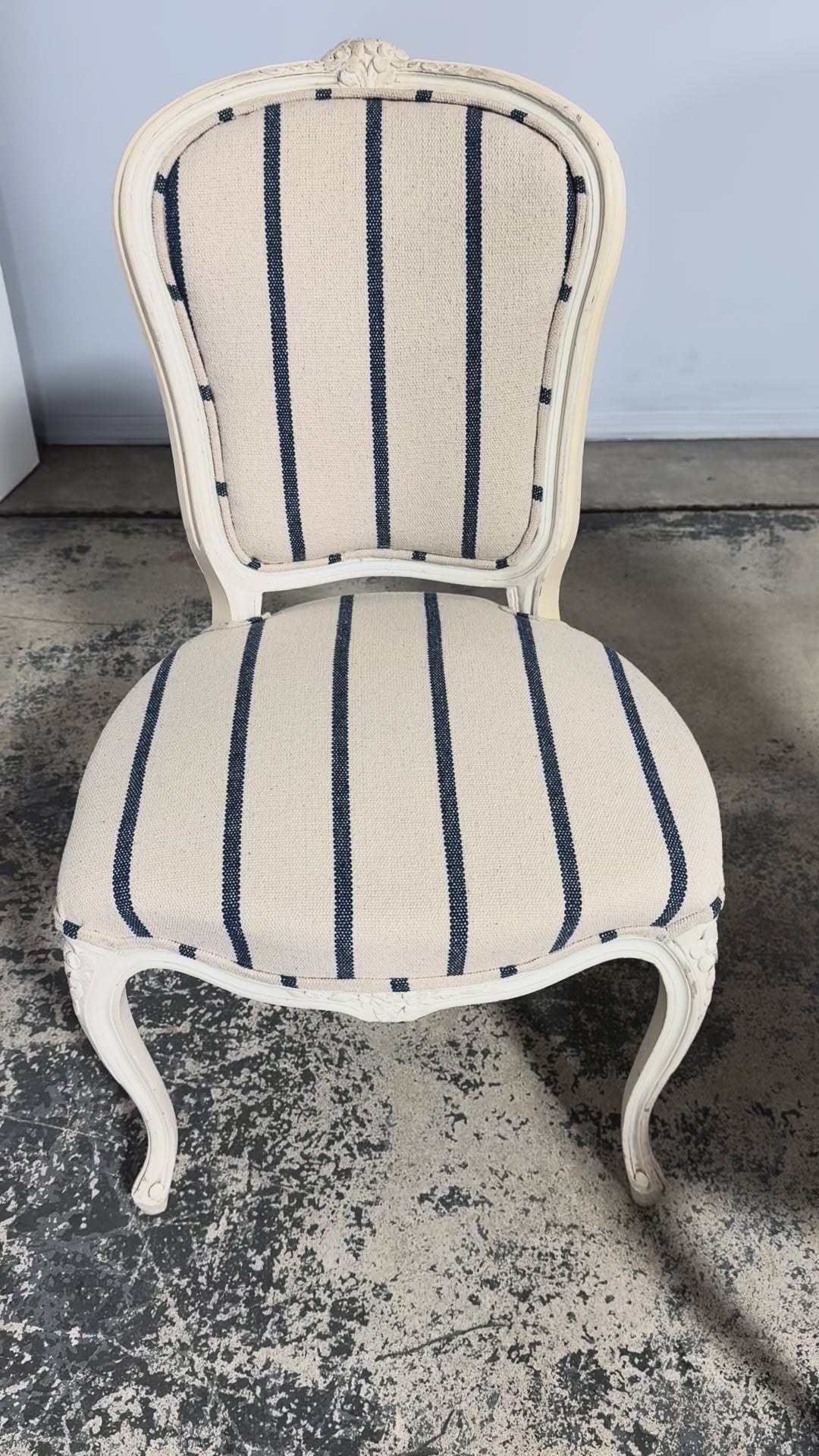 Antique French Louis XV Style Painted Provincial Dining Chairs in Striped Jacquard – Set of 8
