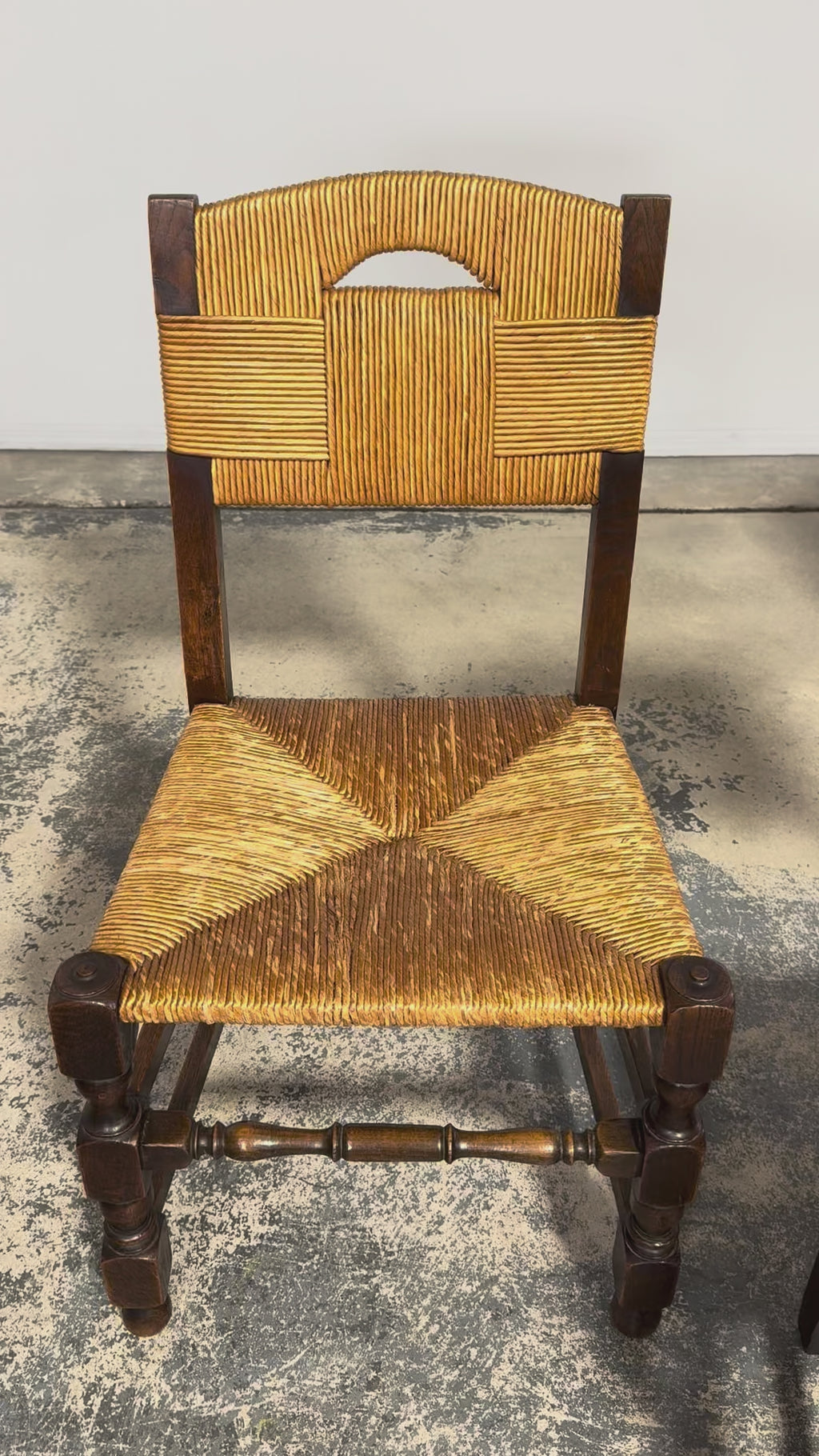 Antique French Provincial Oak Rush Seat Dining Chairs - Set of 6