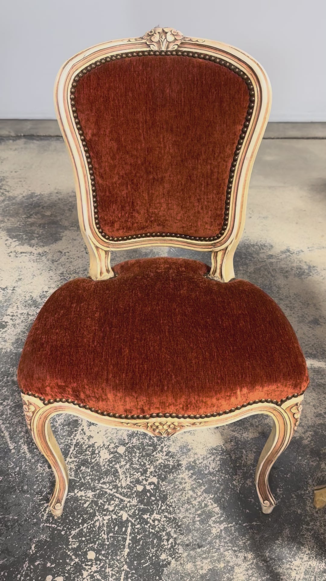 Antique French Louis XV Style Painted Dining Chairs In Rust Fabric - Set of 6