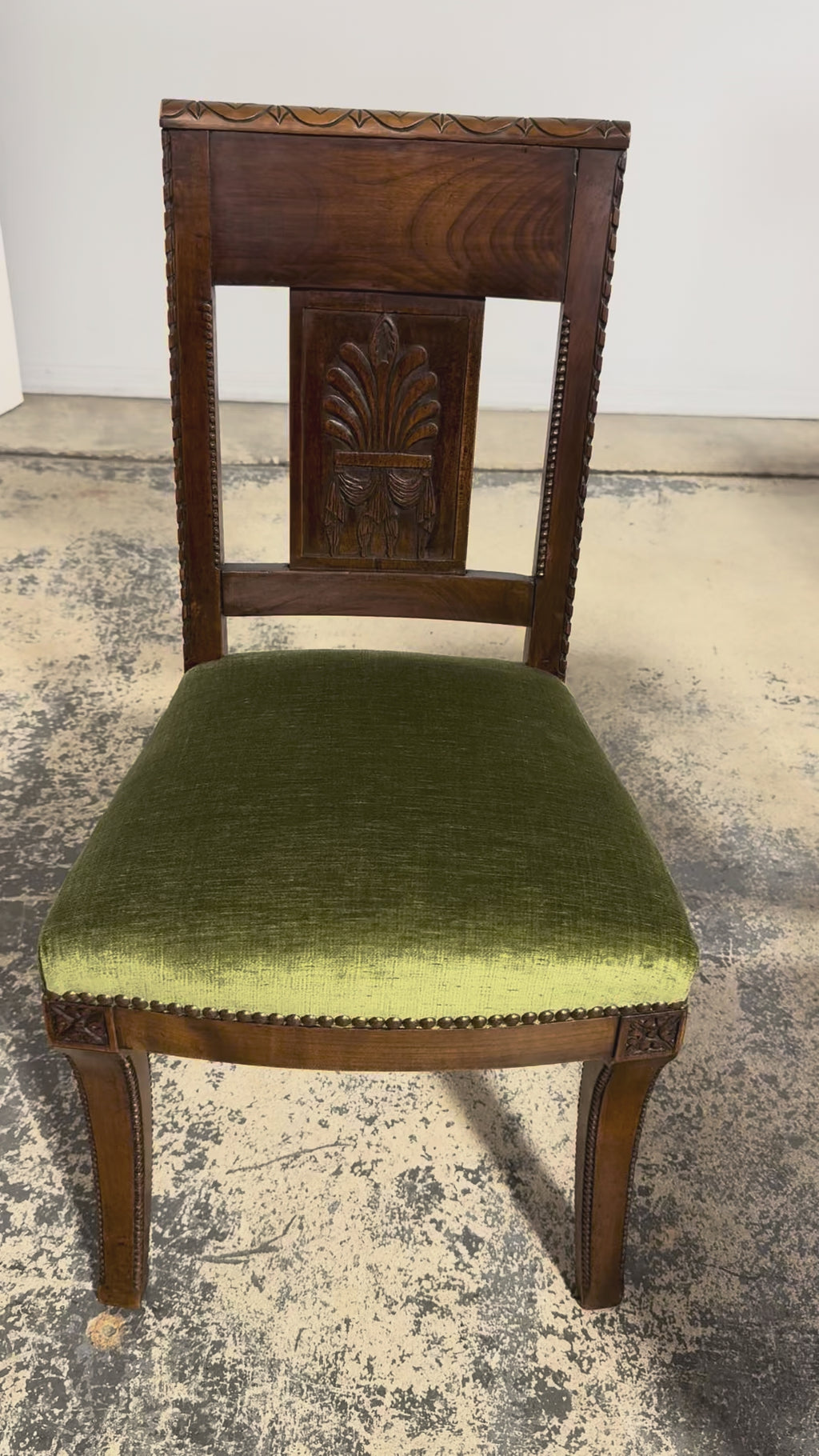 Set of 10 Mid-19th Century French Directoire Walnut Dining Chairs in Olive Green