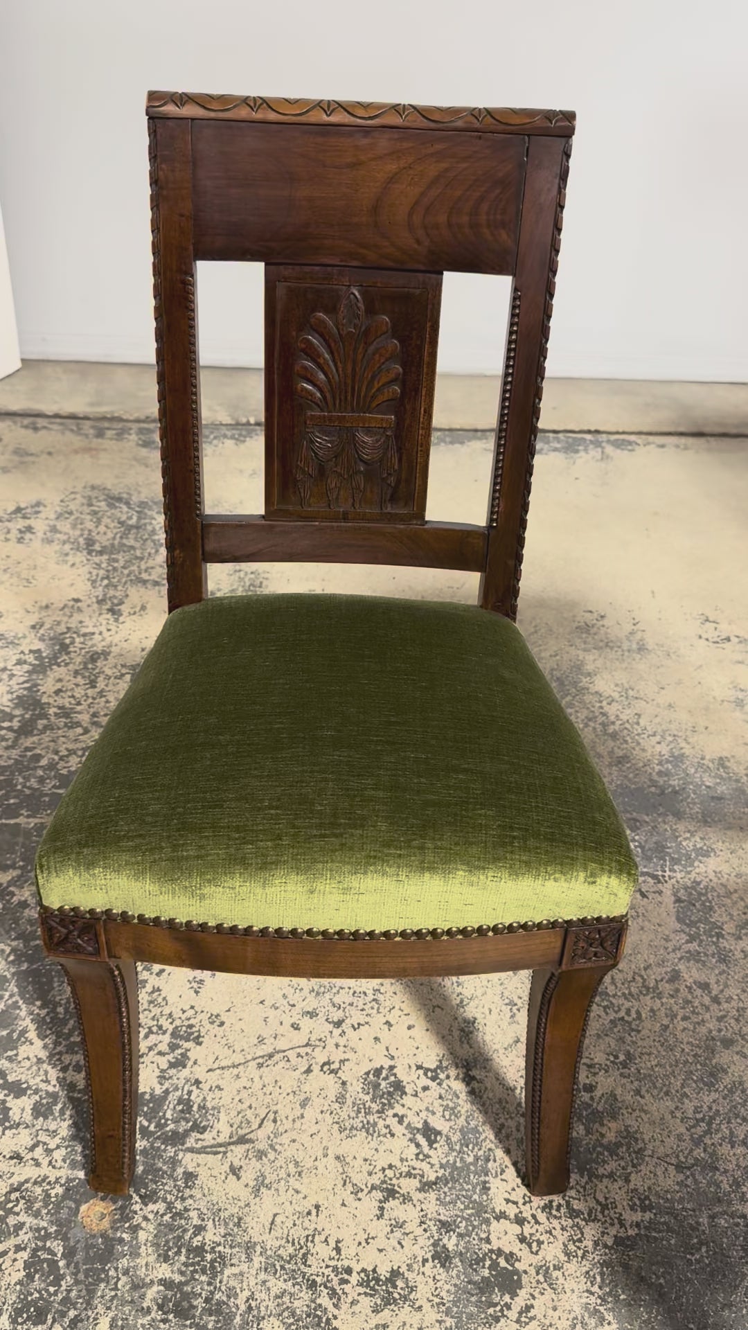 Set of 10 Mid-19th Century French Directoire Walnut Dining Chairs in Olive Green