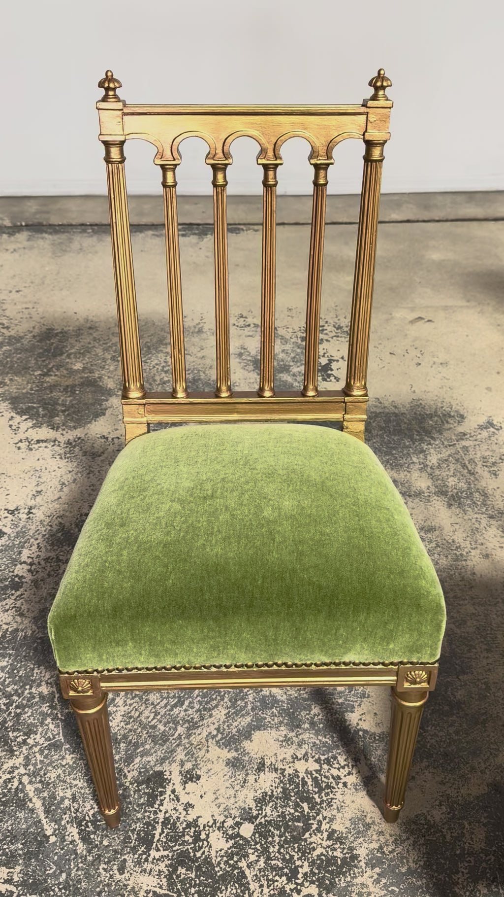 Antique French Louis XVI Style Giltwood Dining Chairs in Green Mohair, Set of 6
