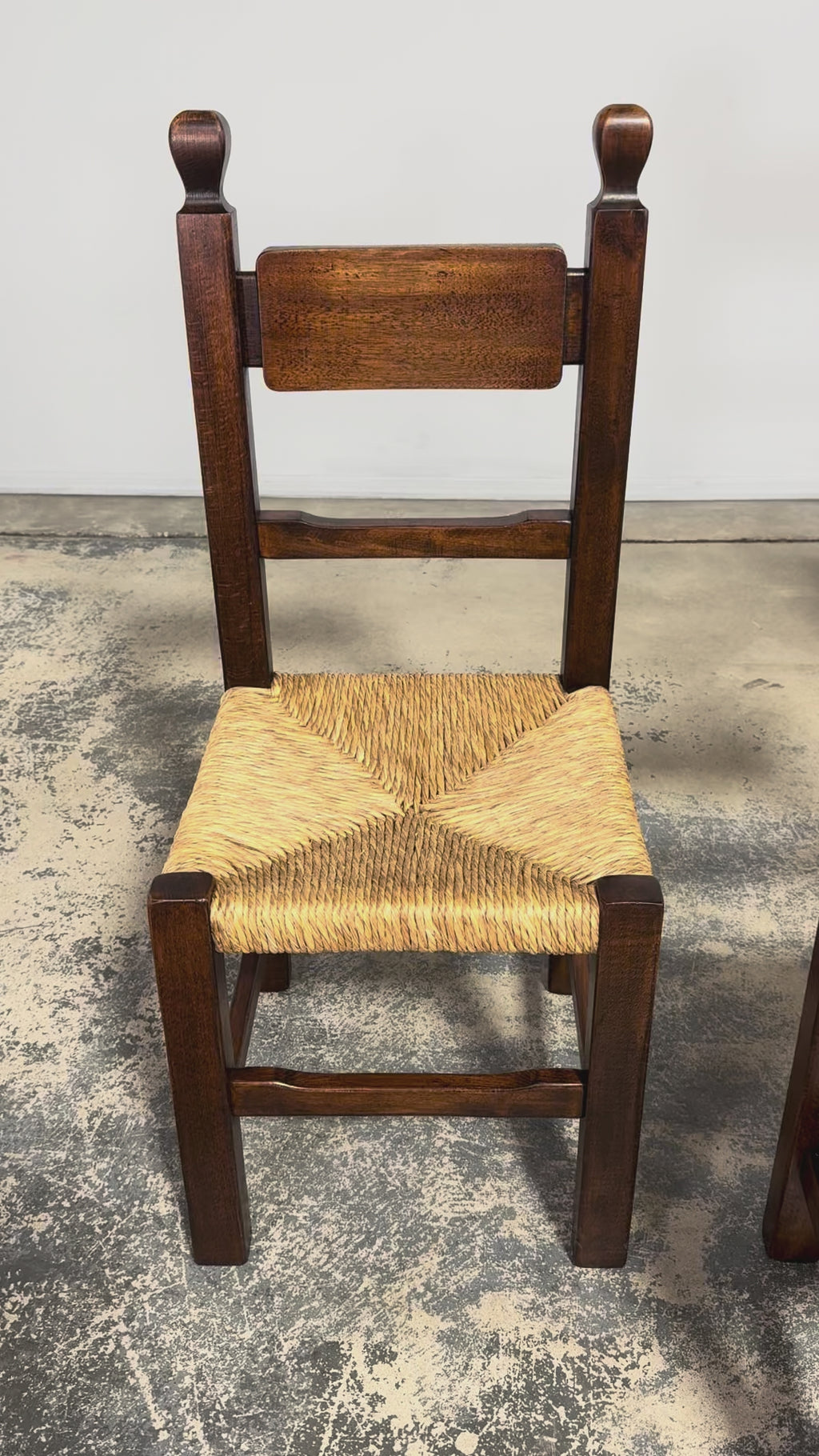 Set of Six French Provincial Oak Rush Seat Dining Chairs, Mid-20th Century