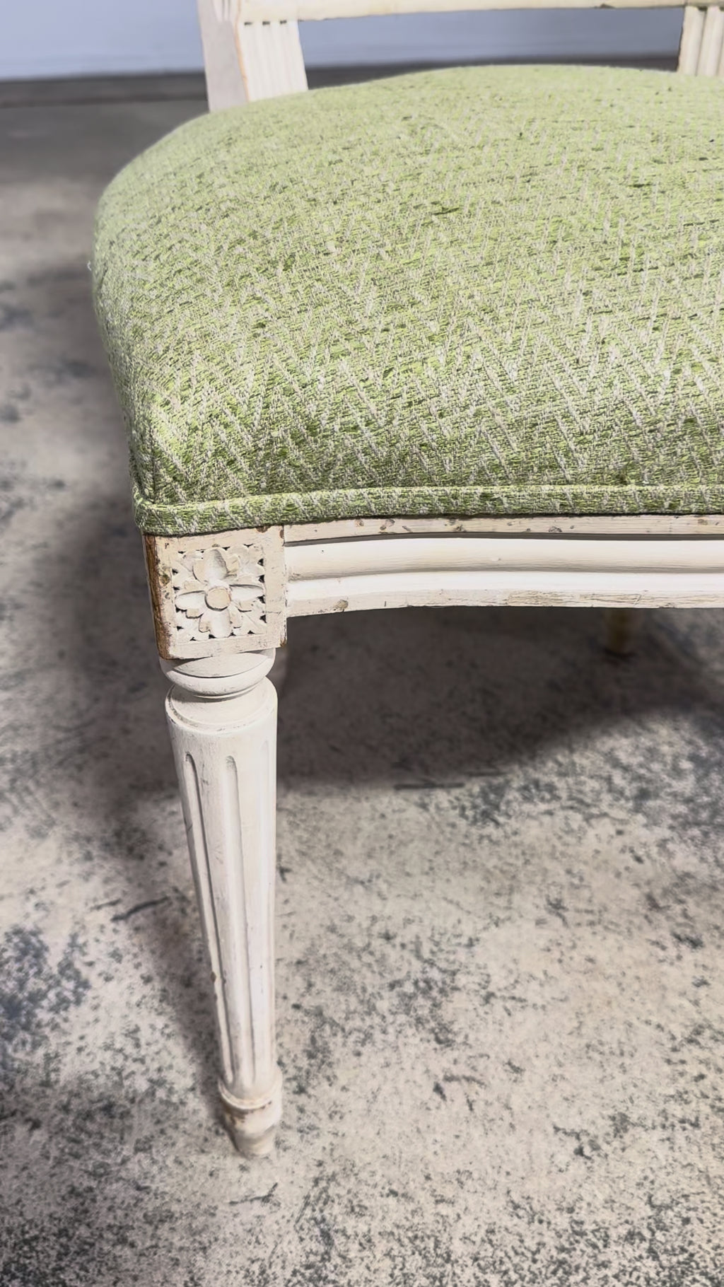 Antique French Louis XVI Style Painted Accent Side Chairs in Light Green Fabric - A Pair