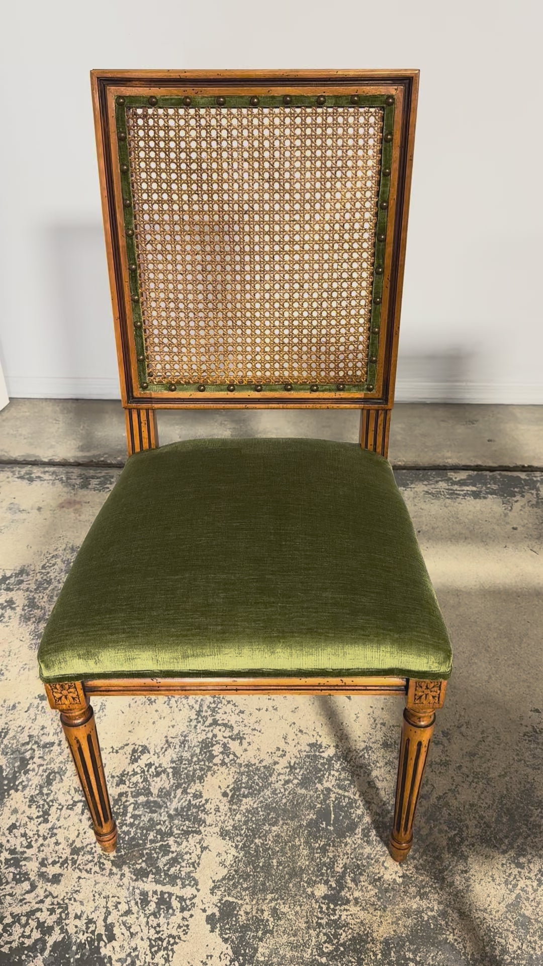 Antique French Louis XVI Style Dining Chairs in Olive Green - Set of 8