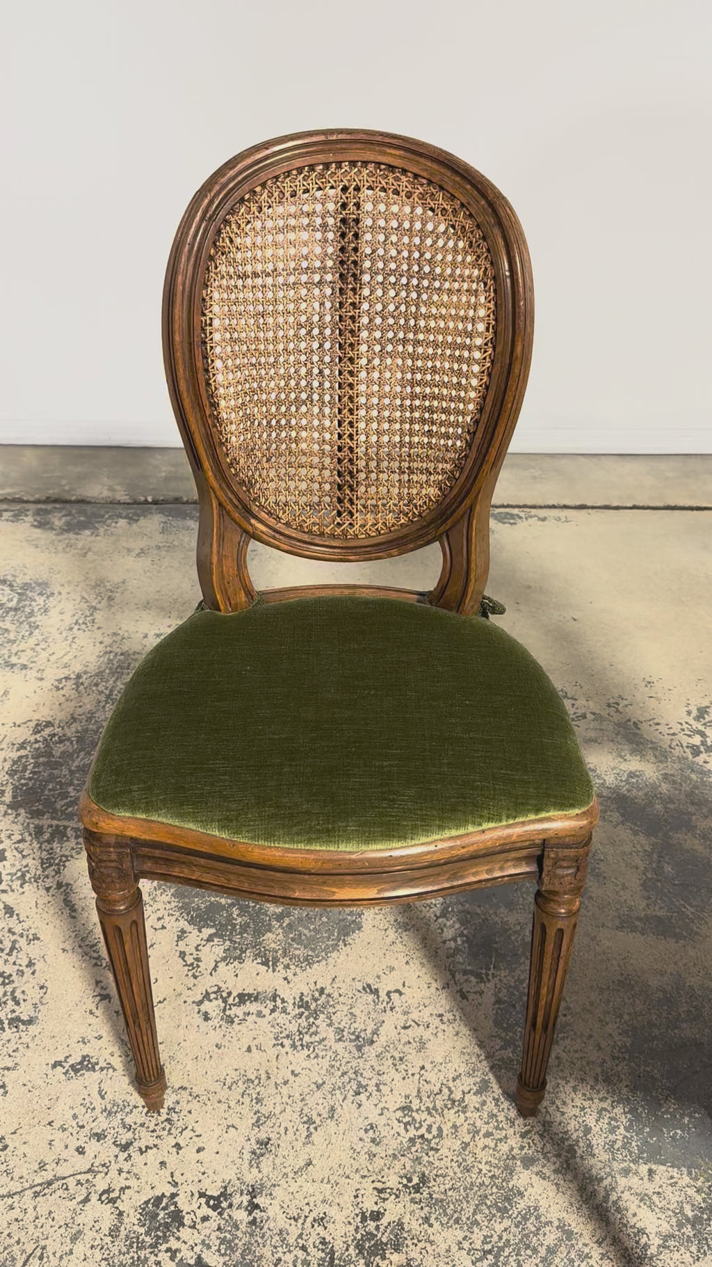 Set of Eight French Louis XVI Style Maple Dining Chairs with Cane Seats & Olive Velvet Cushions