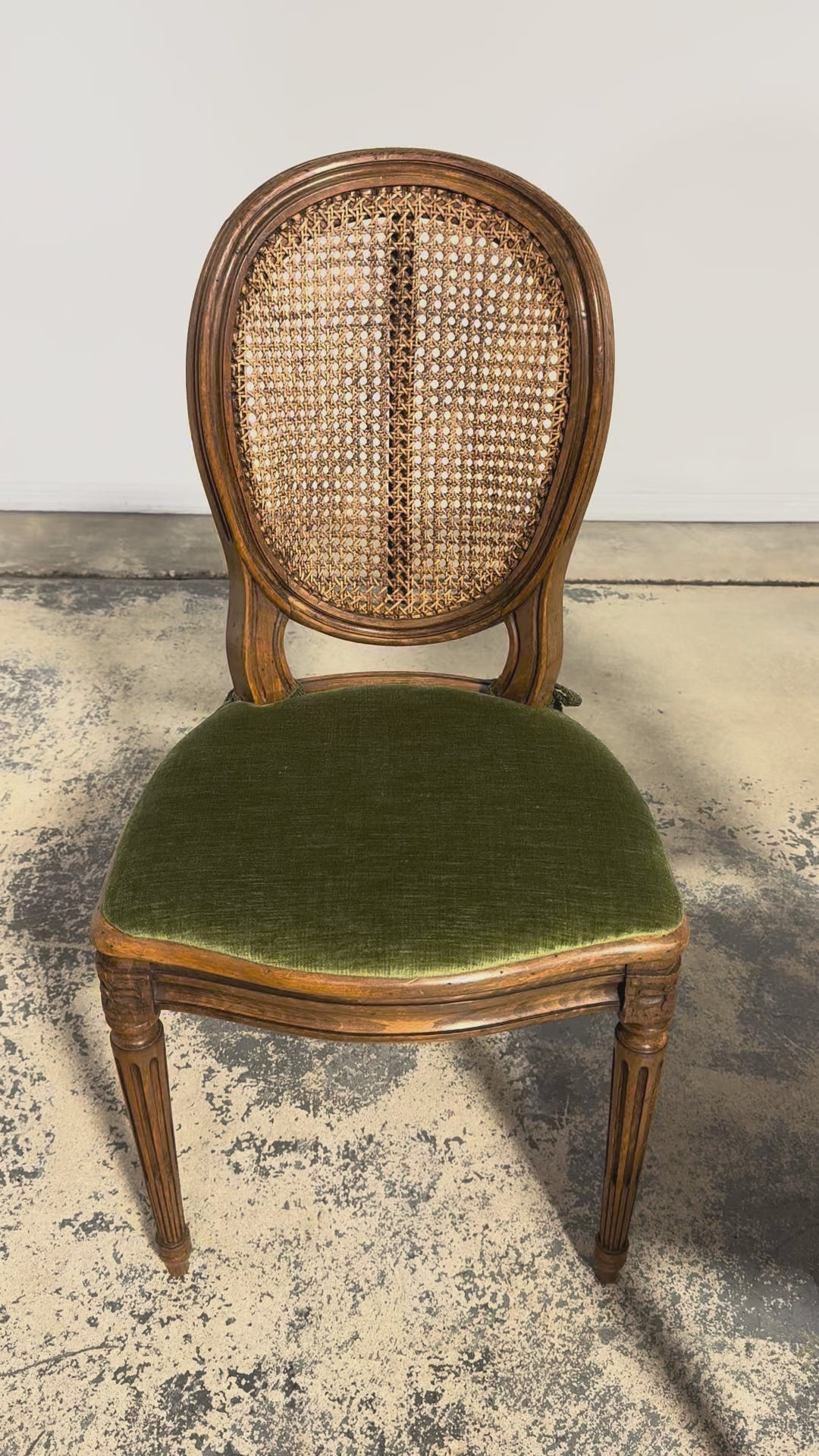 Set of Eight French Louis XVI Style Maple Dining Chairs with Cane Seats & Olive Velvet Cushions
