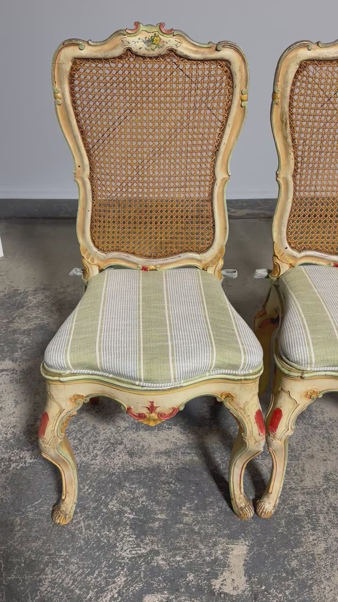 Early 19th Century French Louis XV Style Painted Cane Back Dining Chairs W/ Striped Linen - Set of 6