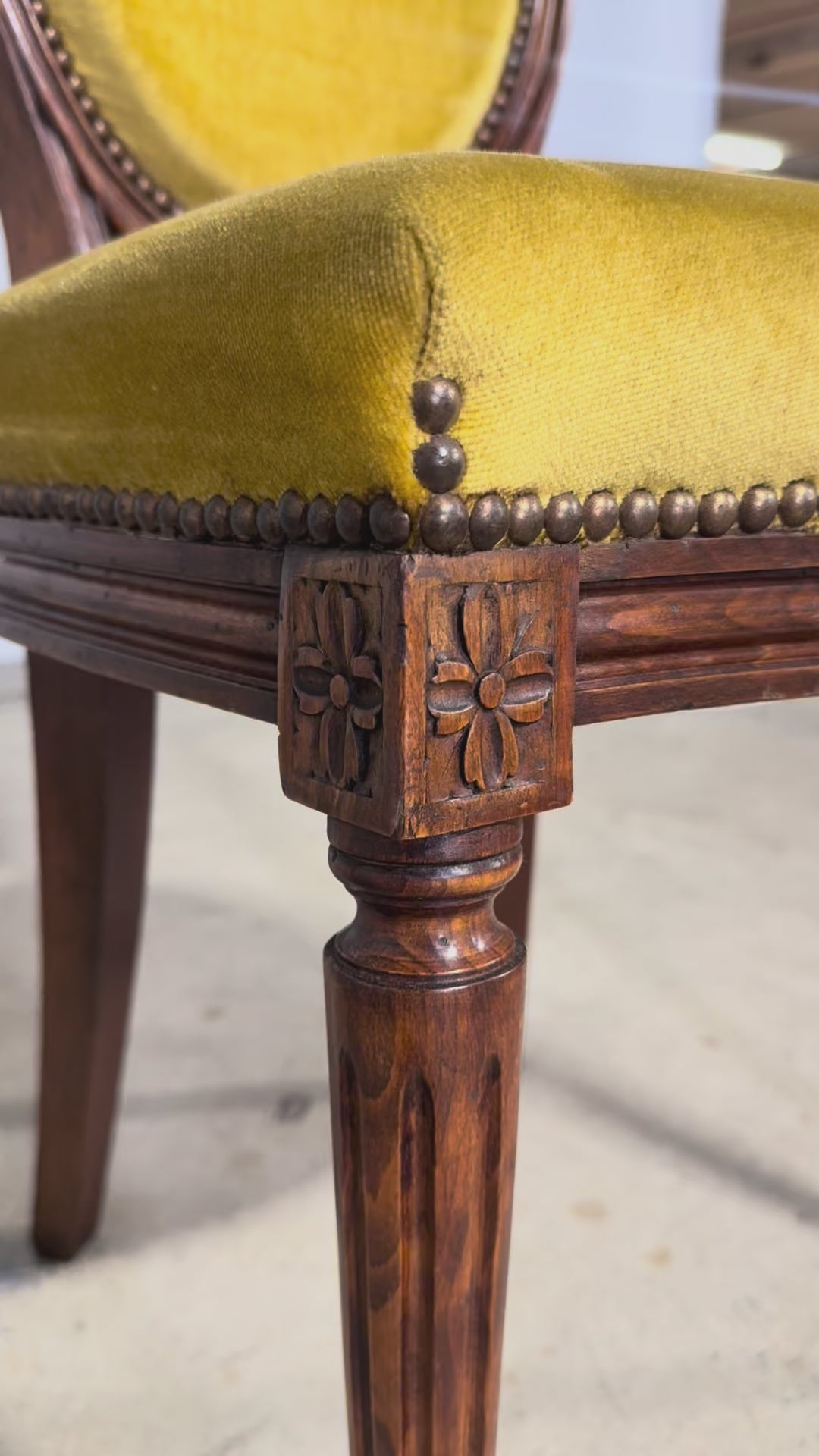French Louis XVI Style Walnut Side Chair in Golden Yellow Velvet