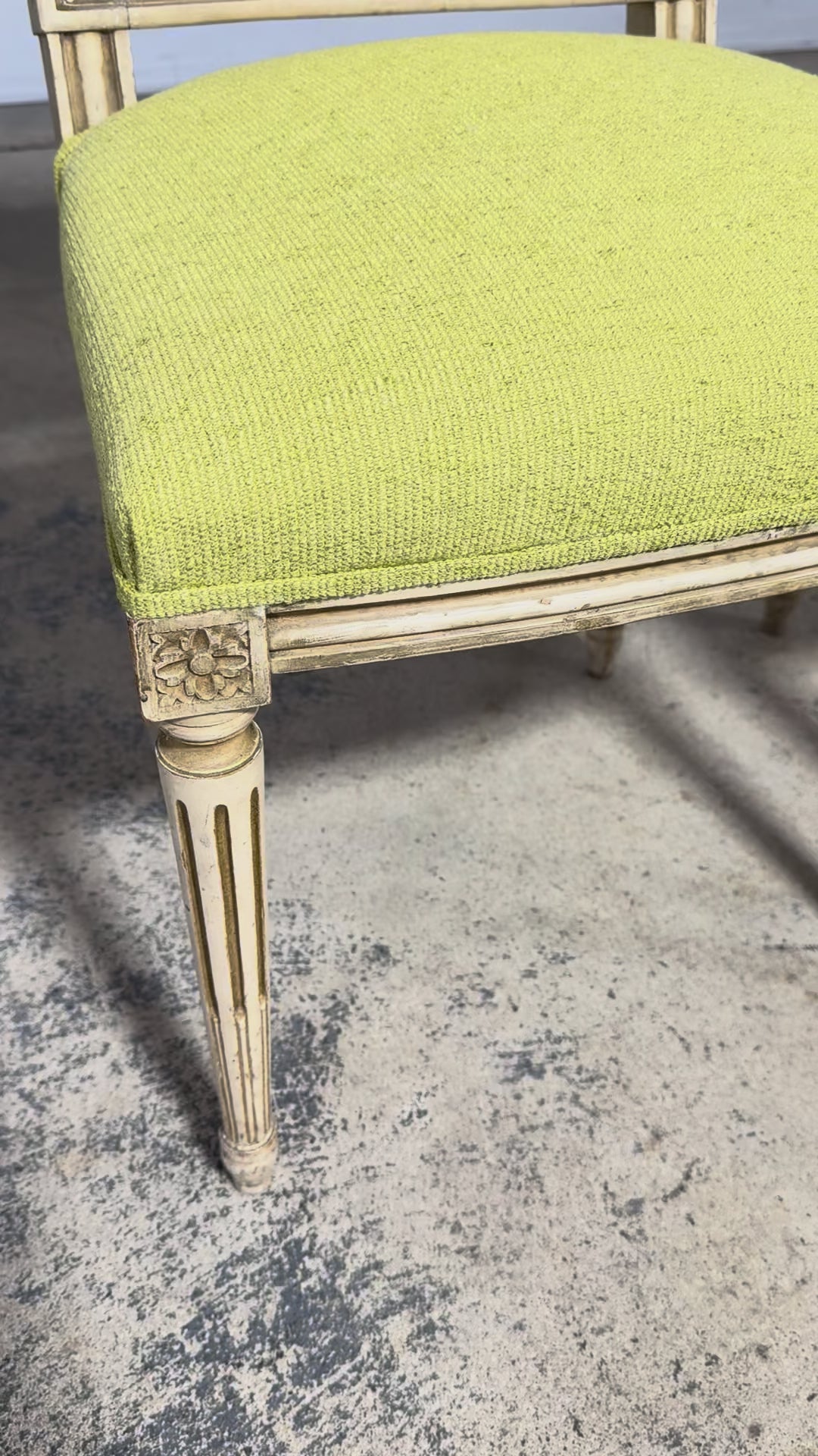 Antique French Louis XVI Painted Accent Side Chairs in Chartreuse Fabric - A Pair