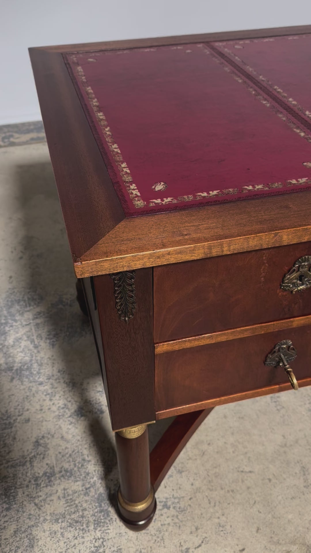 French Empire Style Mahogany Writing Desk W/ Red Leather Top