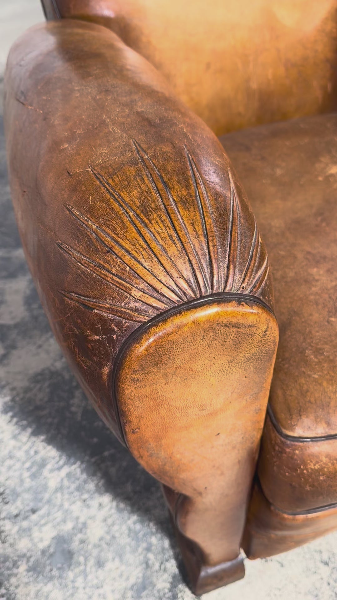ON HOLD 1920s French Art Deco Scalloped Back Club Chairs in Caramel Leather – A Pair