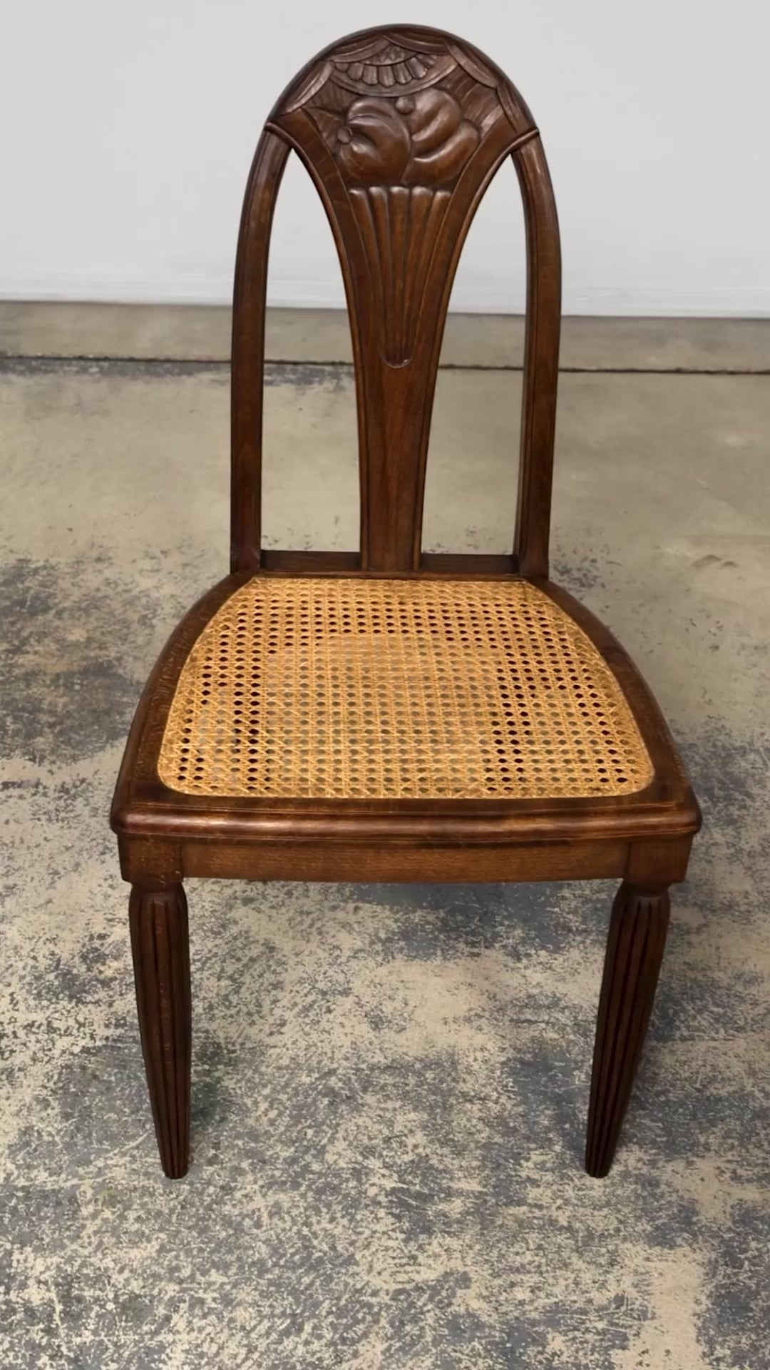 1930s Set of Six French Art Deco Carved Maple & Cane Dining Chairs