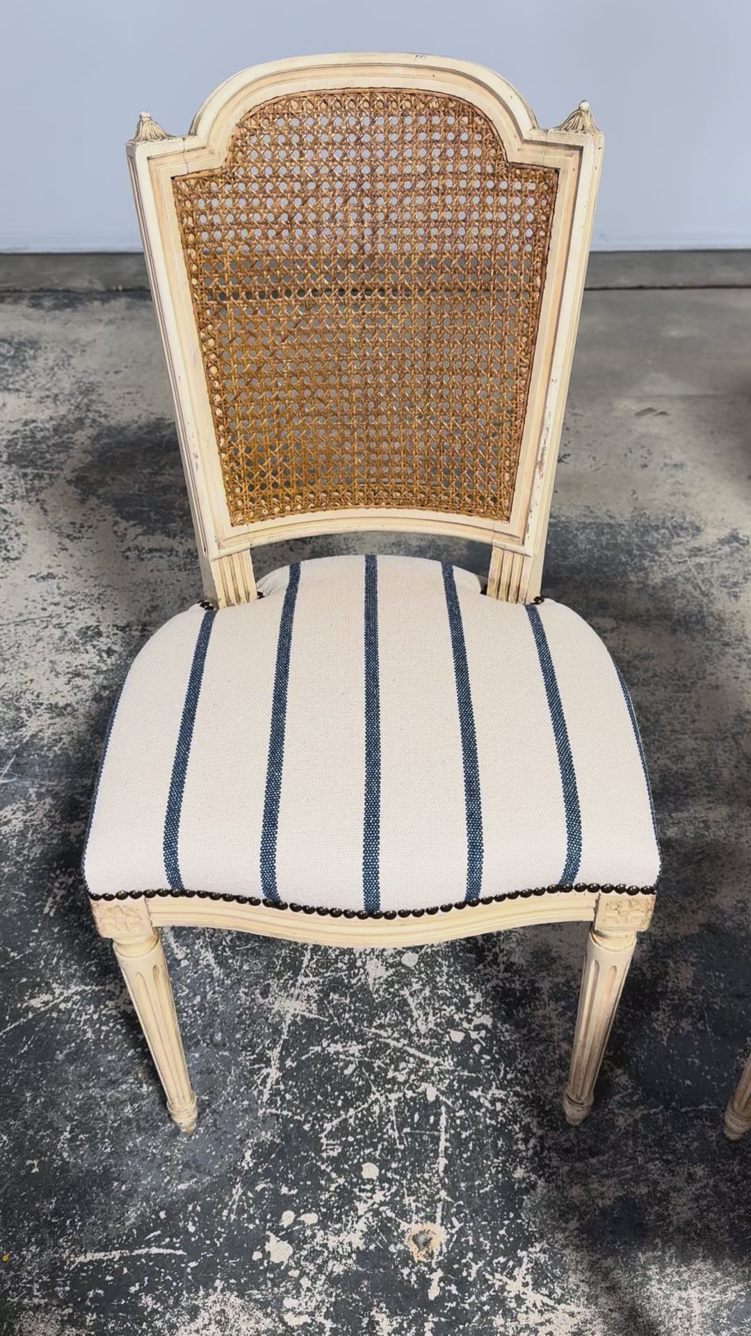 Antique French Louis XVI Painted Cane Back Dining Chairs in Blue Stripe - Set of 6