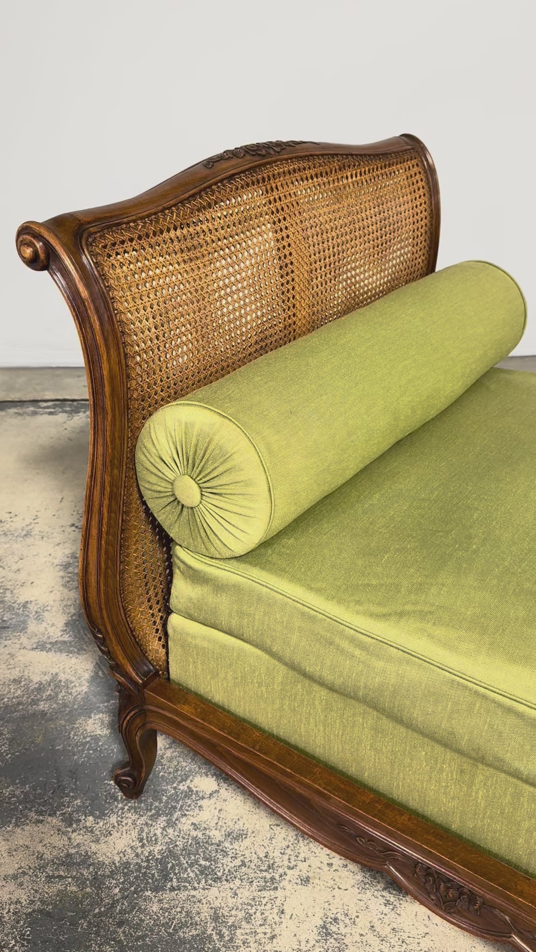 Antique French Louis XV Style Walnut Cane Daybed W/ Light Green Linen