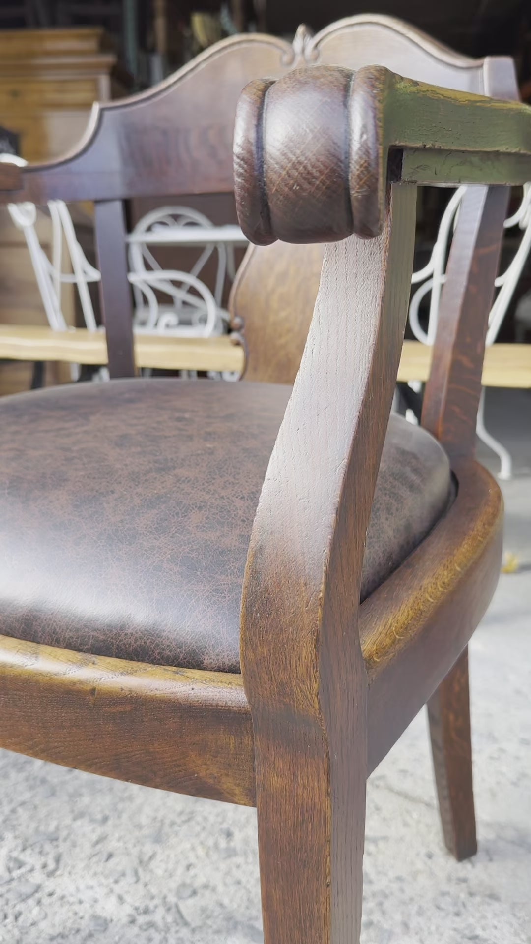 Antique Country French Oak Armchair W/ Brown Leather Seat