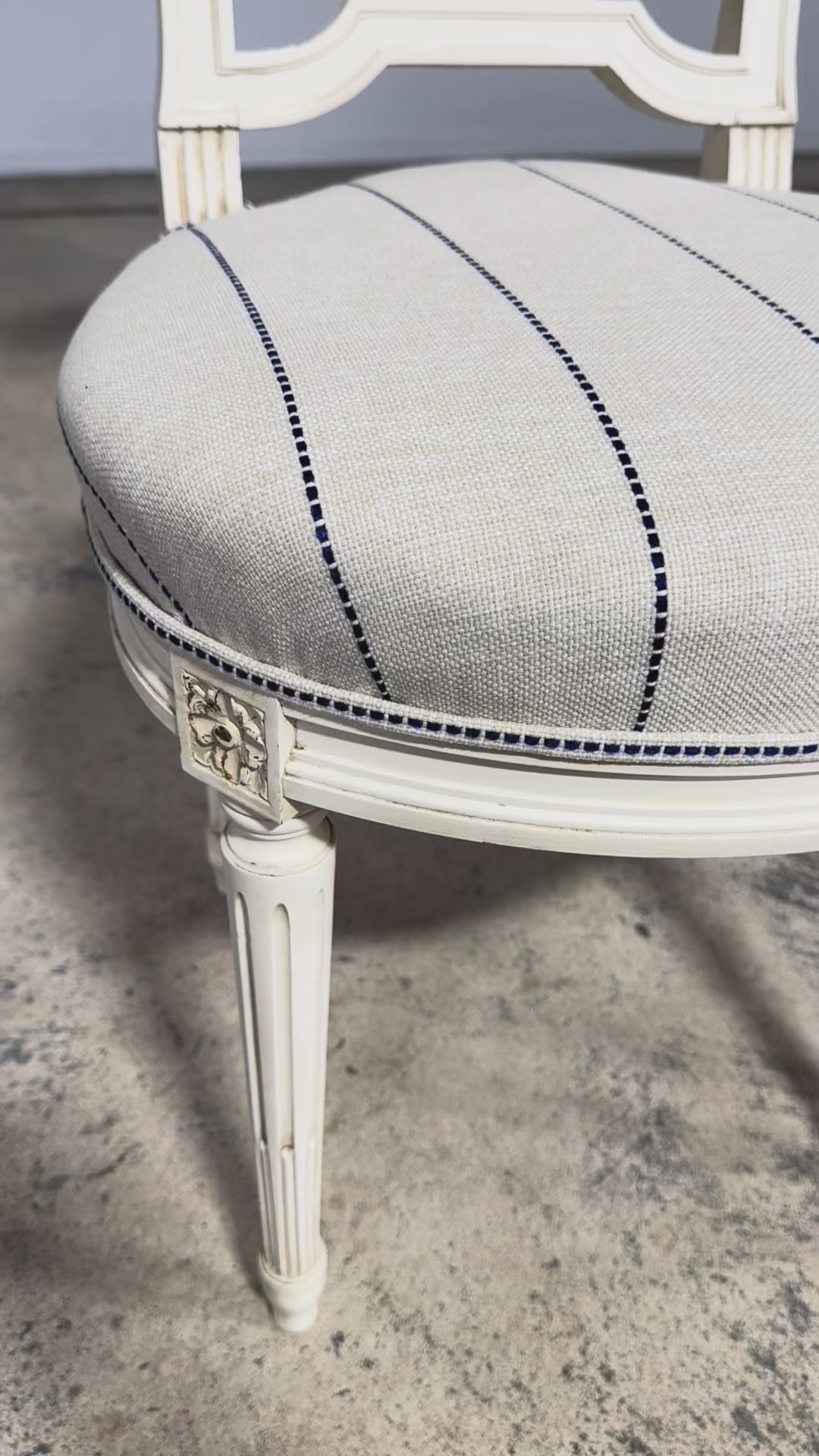 Pair of French Louis XVI Neoclassical Style Painted Lyre Back Accent Chairs in Blue Stripe