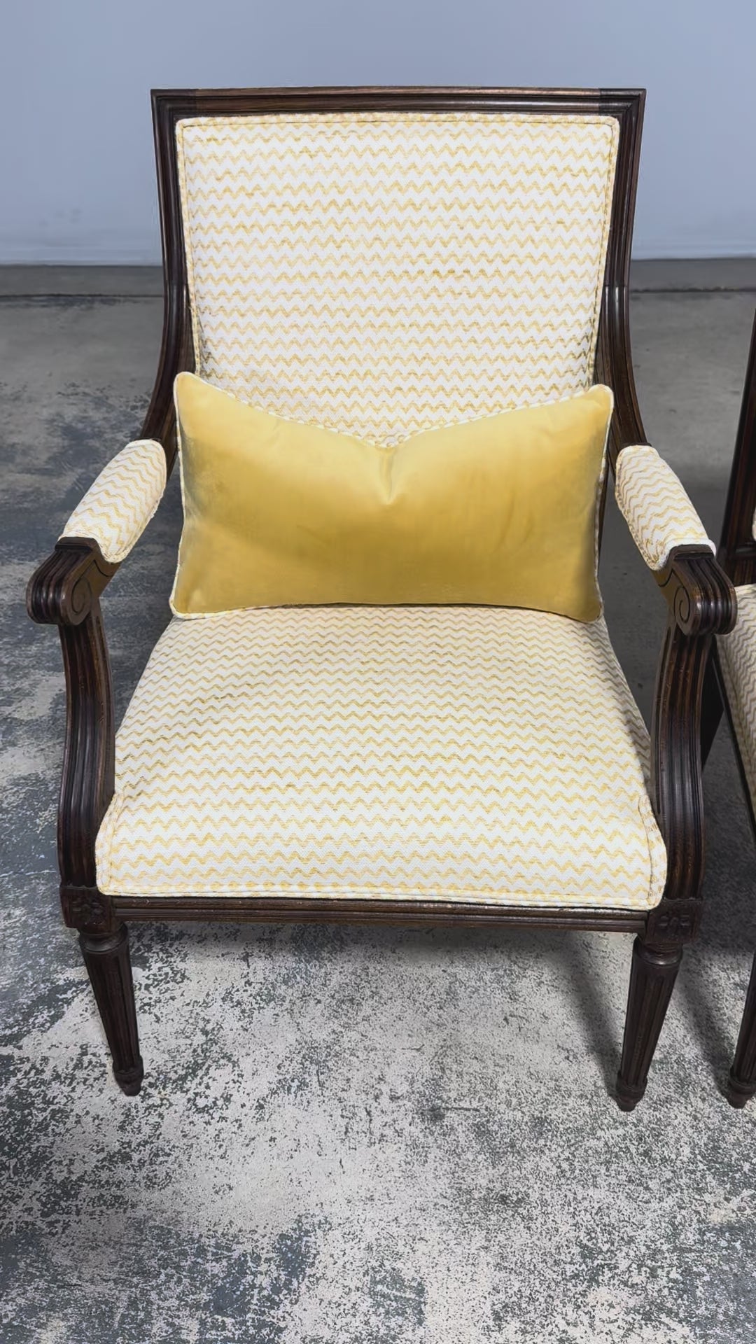 Antique French Louis XVI Style Walnut Armchairs in Yellow Linen - A Pair
