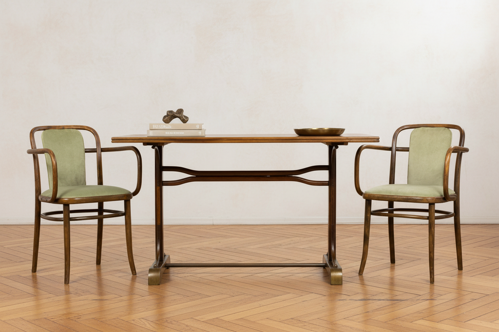 Styled dining set with herringbone floor and limewash wall