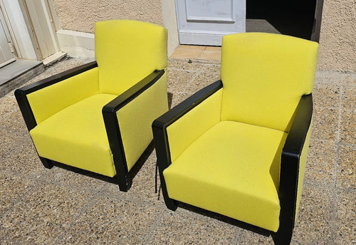 1930s French Art Deco Club Chairs in Yellow Velvet - A Pair