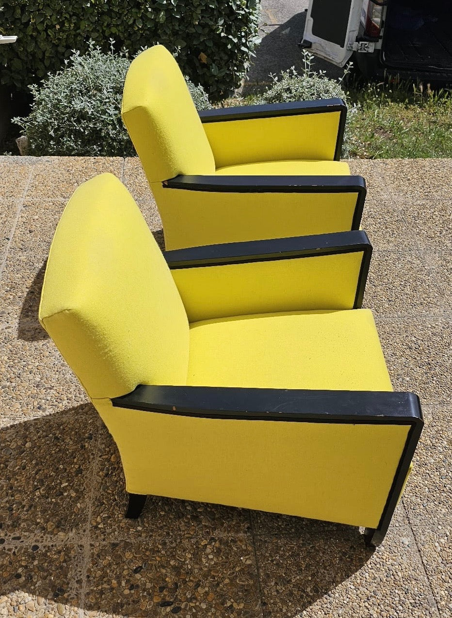 1930s French Art Deco Club Chairs in Yellow Velvet - A Pair