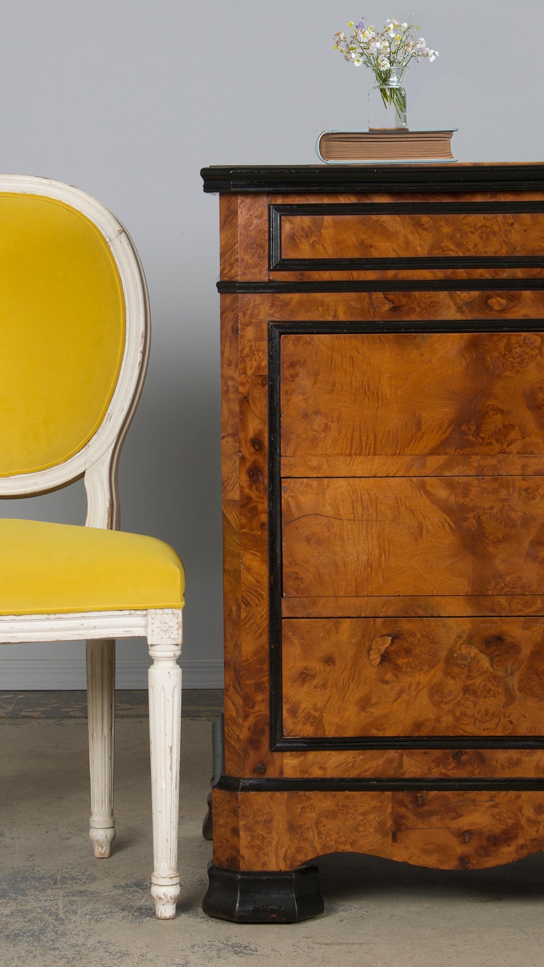 French Louis XVI Style Painted Side Chairs in Lemon Velvet - A Pair
