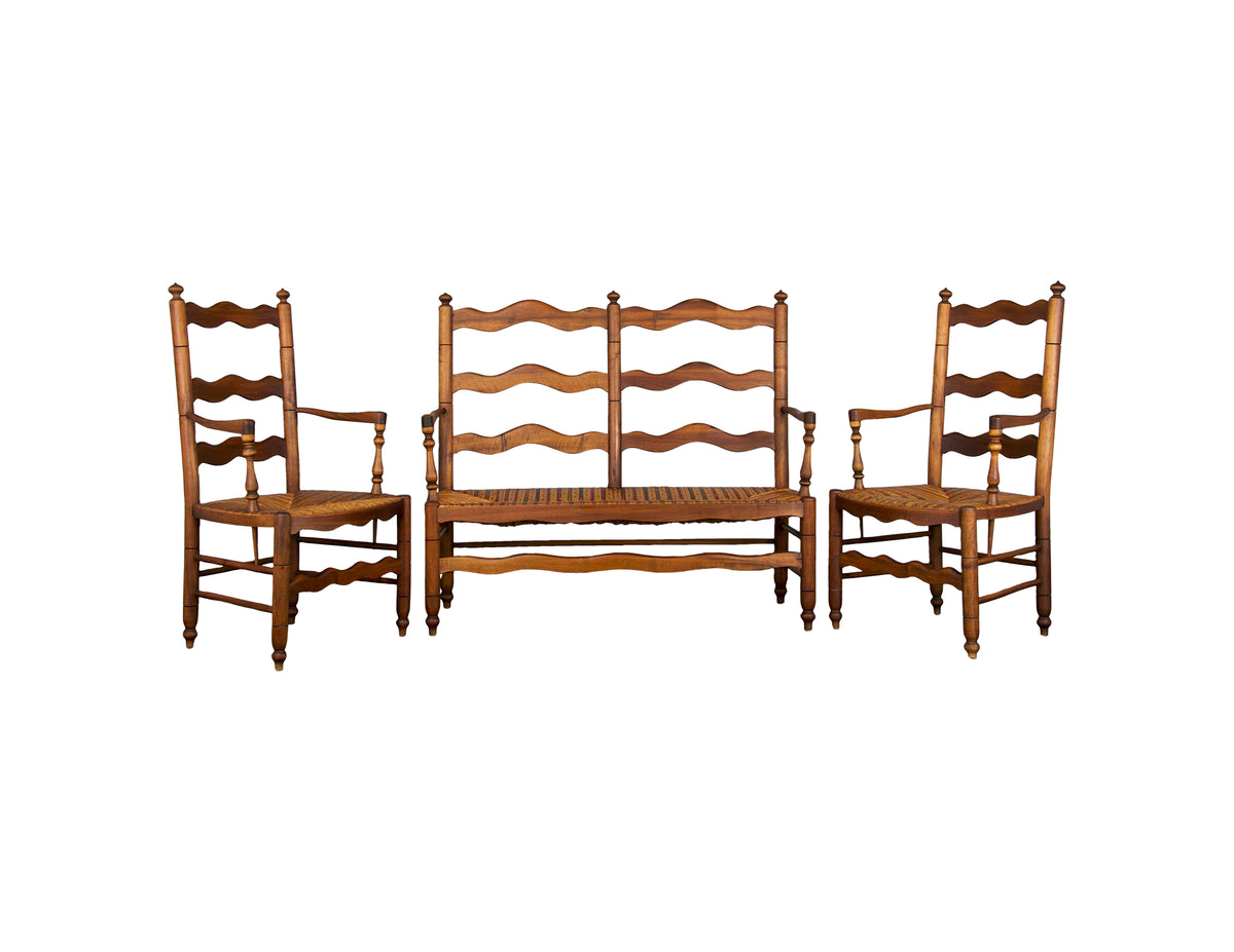 Antique Country French Provincial Ladder Back Rush Seat Loveseat W/ Two Armchairs - Set of 3