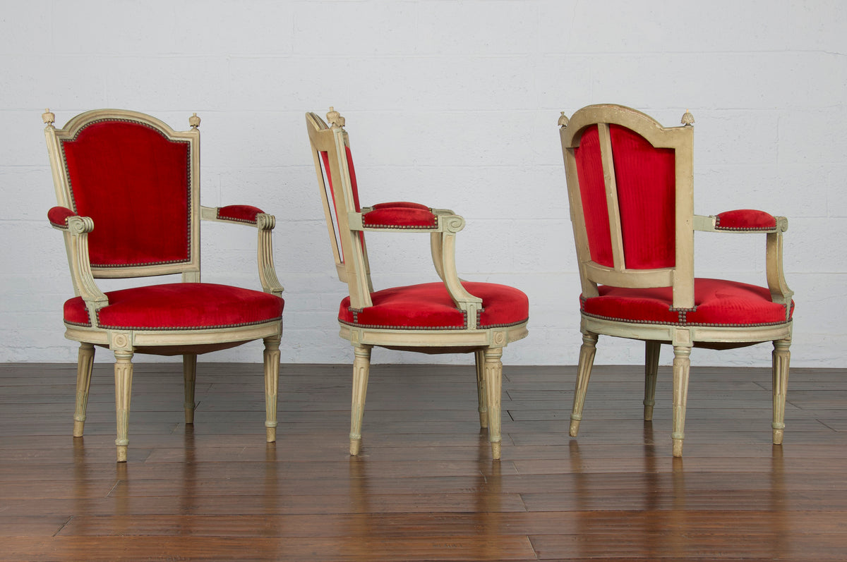 Antique French Louis XVI Style Painted Red Velvet Armchairs - Set of 6