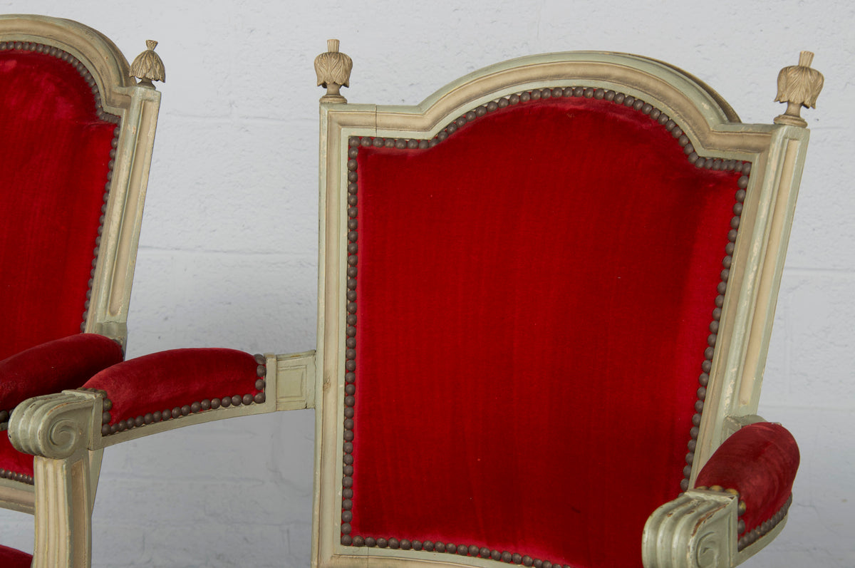 Antique French Louis XVI Style Painted Red Velvet Armchairs - Set of 6