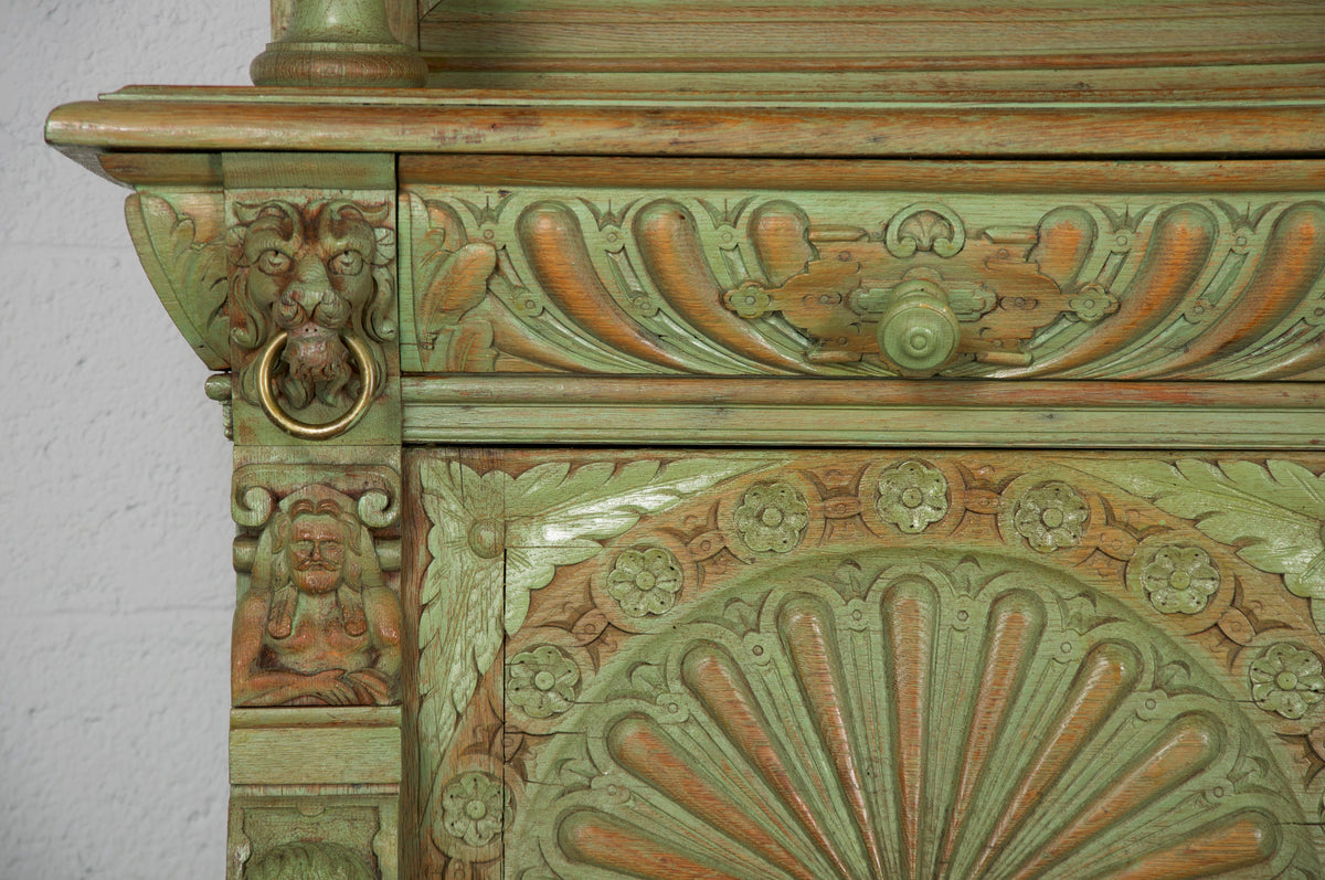 Antique French Renaissance Painted in Green Tiger Oak Cabinet