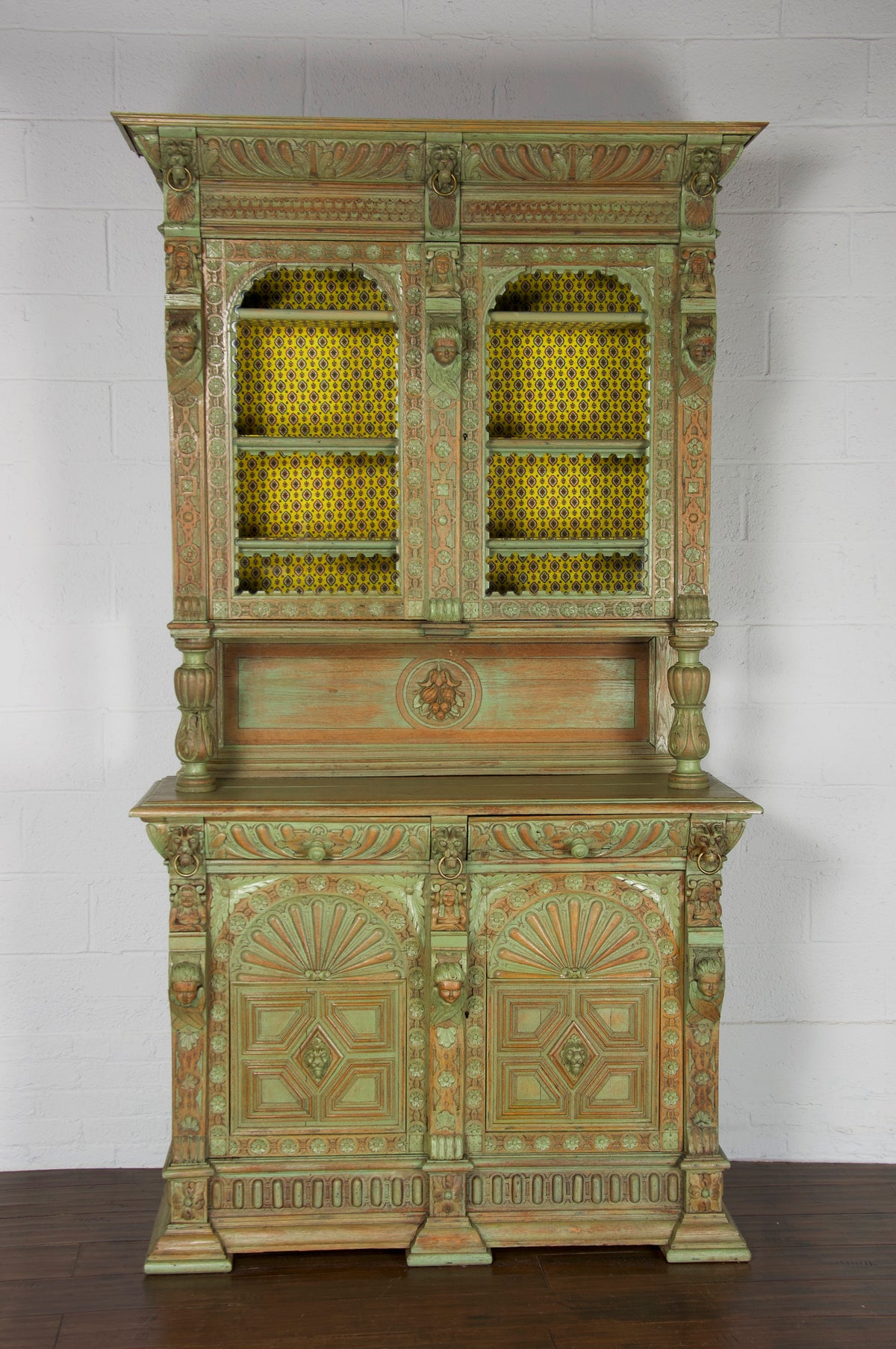 Antique French Renaissance Painted in Green Tiger Oak Cabinet