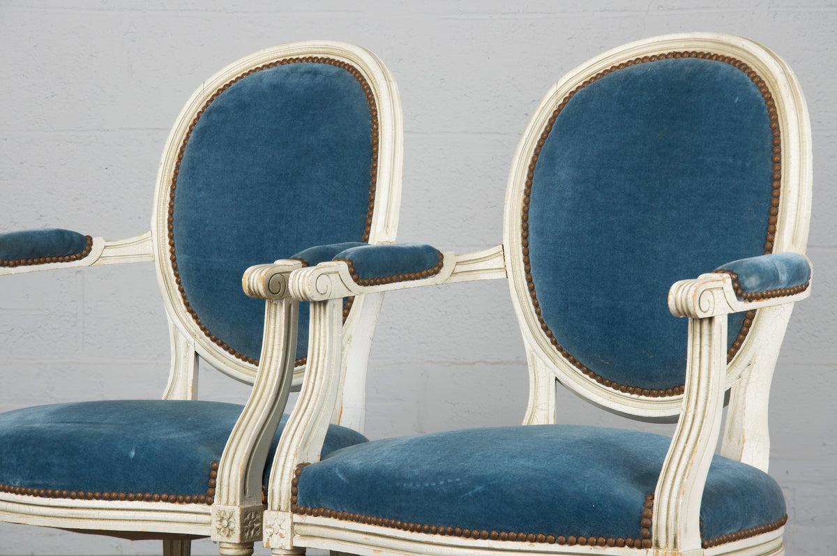 Antique French Louis XVI Style Provincial Painted Blue Velvet Parlor Suite - Set of 5