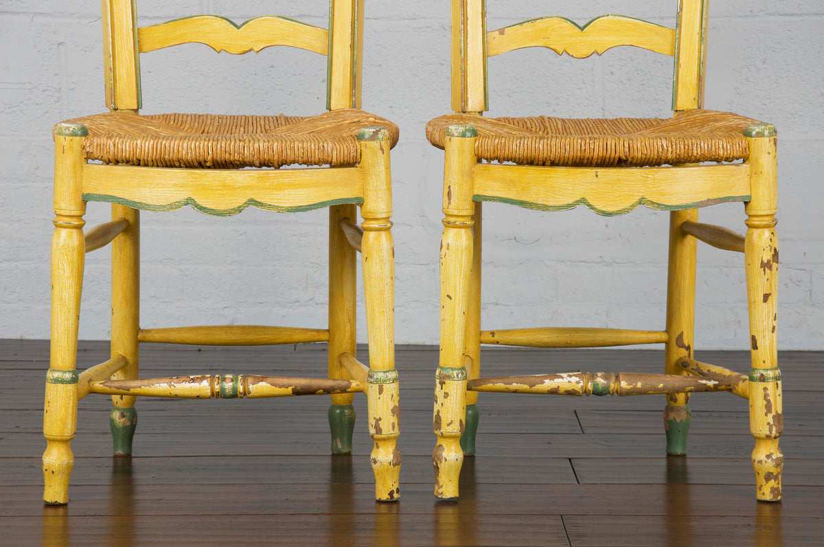Antique Country French Provincial Ladder Back Painted in Yellow Rush Dining Chairs - Set of 4