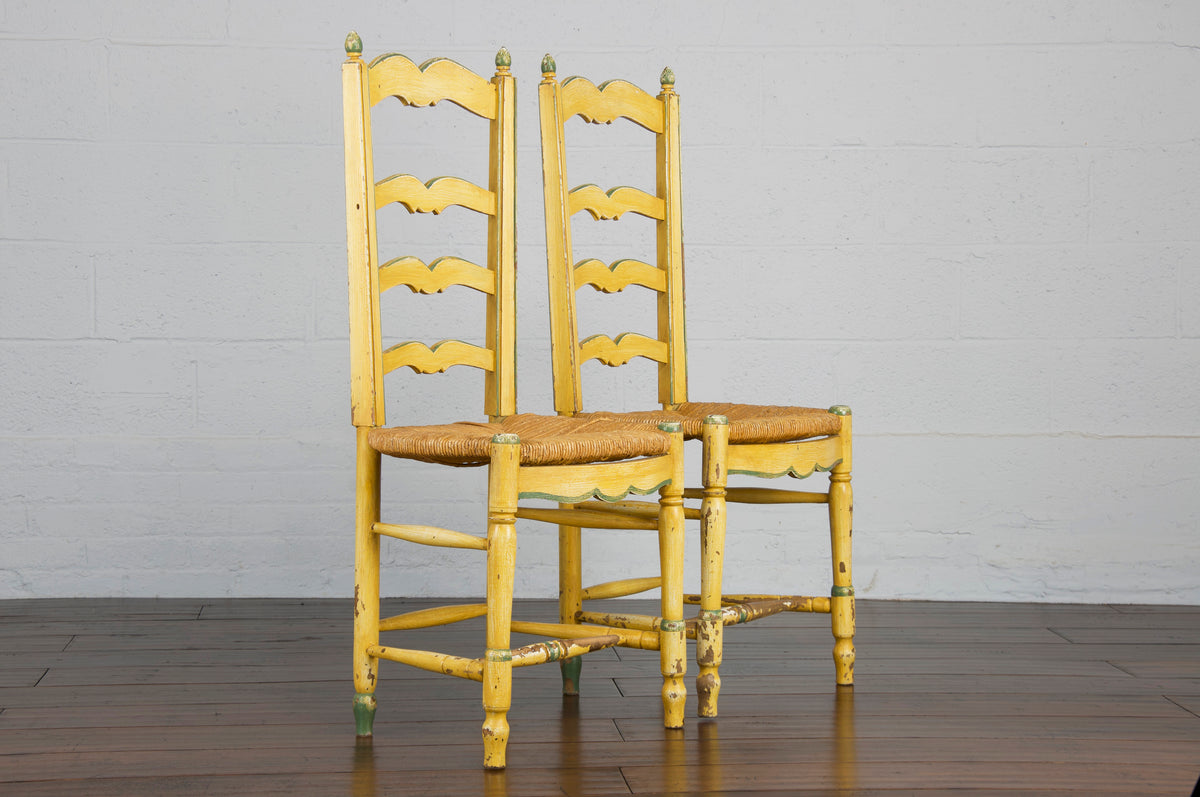 Antique Country French Provincial Ladder Back Painted in Yellow Rush Dining Chairs - Set of 4