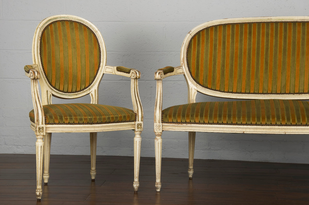 Antique French Louis XVI Style Provincial Painted Loveseat W/ Two Armchairs - Set of 3