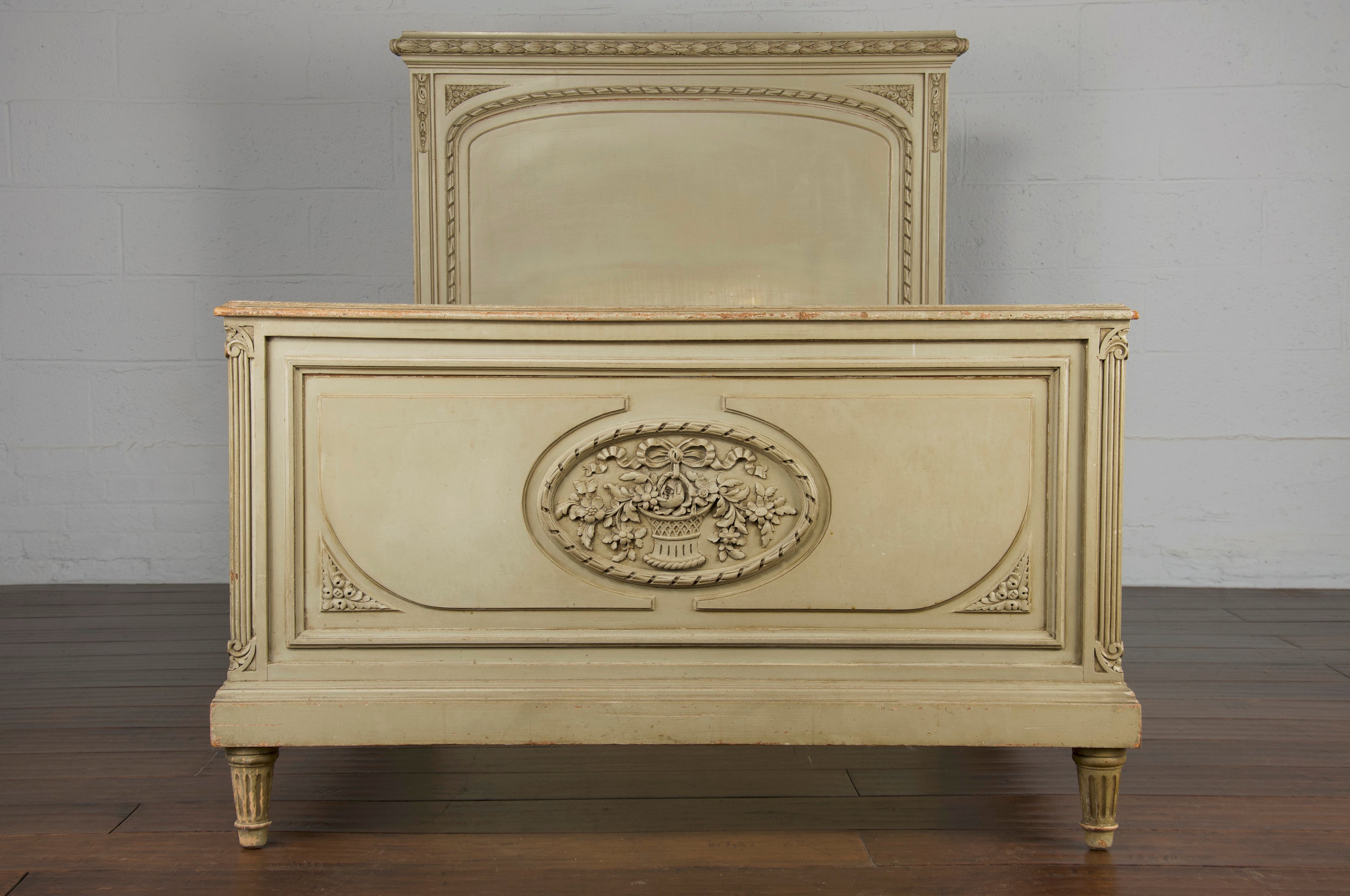 Antique French Louis XVI Painted Green Twinsize Bedframe