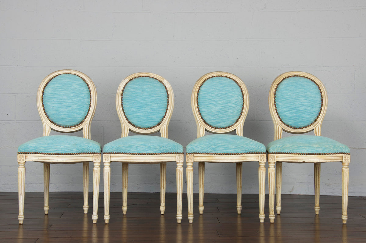 Antique French Louis XVI Style Provincial Painted Parisian Blue Upholstery Dining Chairs - Set 4