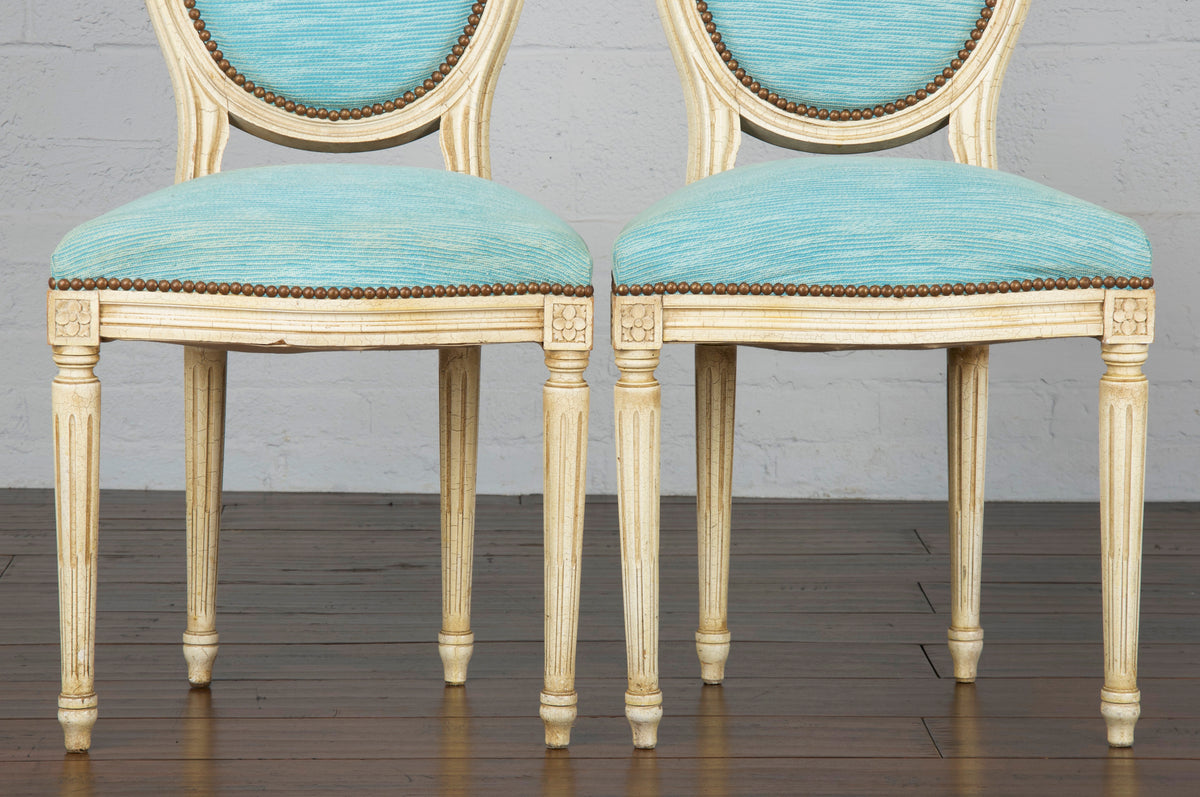 Antique French Louis XVI Style Provincial Painted Parisian Blue Upholstery Dining Chairs - Set 4